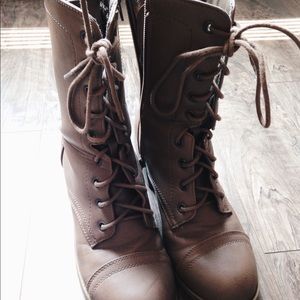 Beige Combat Block Heel Boots
